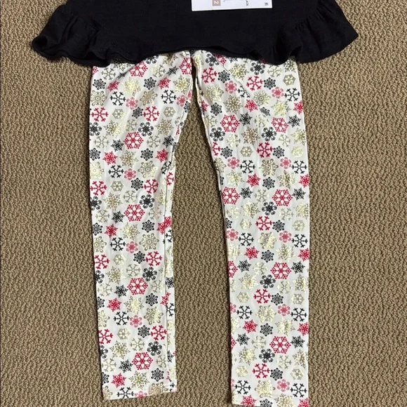 Rare Editions Black Santa Top with Red Bow Accent and snowflake pants - Picture 5 of 10